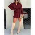 Elegant burgundy long sleeve shirt romper with a flattering waist-slimming fit - S / Jumpsuits / Burgundy