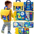 Detailed view of Montessori felt busy board backpack showing alphabet, numbers and clock. - Style 15; 22*28