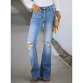 Jeans svasati retrò a vita alta consumati con chiusura a più bottoni blu chiaro - Blu Distressed