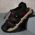 Men's outdoor breathable closed-toe sandals in black with red accents and tan soles - 38 / Black