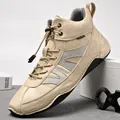 Beige high-top men's Martin boots with textured leather finish and toggle lacing - 38 / Sand