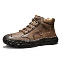 Vintage brown men's outdoor high-top leather boots with manual stitching detail - 38 / Khaki