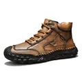 Premium brown men's leather high-top outdoor boots with decorative manual stitching - 38 / Tan
