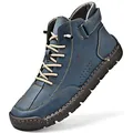 Detailed view of blue men's high-top leather boot featuring exquisite manual stitching - Blue