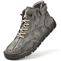 Detailed macro view of men's hand-stitched outdoor Martin boots in vintage grey leather. - 38 / Gray