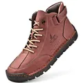Men's hand-stitched high-top leather Martin boots in burgundy color with rubber sole - Red