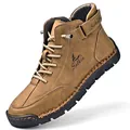 Detail view of tan hand-stitched leather Martin boot with Salkin logo - 38 / Gold