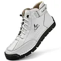 Side view of white high-top leather Martin boots with handcrafted stitching details. - 38 / White
