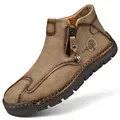 Hand-stitched men's high-top leather Martin boots in khaki with side zipper detail - 38 / Khaki