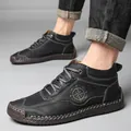 Hand-stitched men's black high-top outdoor Martin boots featuring a compass side logo design - 38 / Black