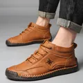 High-top men's brown leather Martin boots featuring hand-stitched craft and compass logo detail - 38 / Light Brown