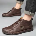 Hand-stitched brown leather Martin boots for men featuring a decorative compass design - 38 / Deep Brown