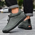Men's outdoor casual grey leather boots with hand-stitched detail and side zipper - 38 / Hand-Stitched Mid-Top Boots / Green