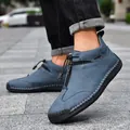 Hand-stitched blue outdoor casual leather boots with zipper and mid-top design for men - 38 / Hand-Stitched Mid-Top Boots / Blue