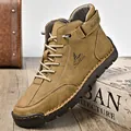 Hand-stitched men's high-top leather Martin boots for outdoor casual wear in khaki - 38 / High-Top Leather Boots (2402) / Gold