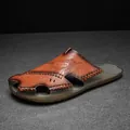 Handmade brown leather closed-toe summer slippers for men with hollow-out design - 38 / Red Brown