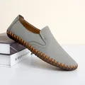 Grey men's casual leather loafers featuring distinctive orange hand-stitched detailing on sole - 38 / Khaki