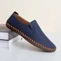Navy blue hand-stitched men's casual loafers with soft sole slip-on design - 38 / Blue