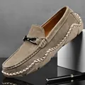 Premium men's khaki suede leather loafers featuring moc-toe stitching and stylish metal bit - 38 / Khaki