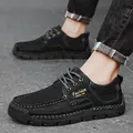 Hand-stitched black leather men's casual lace-up shoes featuring a durable rubber sole - 38 / Black