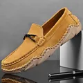 Premium yellow suede men's leather loafers featuring handmade stitching and slip-on style - 38 / Gold