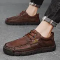 Hand-stitched men's brown leather casual shoes with lace-up design in a low-top style - 38 / Dark Brown