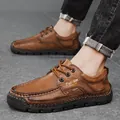 Hand-stitched men's brown leather casual lace-up shoes in a low-top stylish design - 38 / Khaki