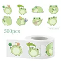 Detail view of 500 pieces cute cartoon frog stickers on a roll, 1.5 inch size. - Vivid Frog Pattern Style (C744) / 500 Pieces/Pack