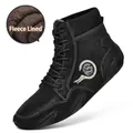 Botines altos negros para hombre con forro de felpa cálida y cuello de punto elástico - Negro Forrado de Felpa