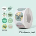 Detail showing a roll of 500 round floral green thank you stickers, 1 inch size - Fresh Green Series Style (C188A) / 500 Sheets/Roll (2.5cm/1inch)