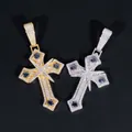 Detailed macro view of hip-hop cross pendants with sparkling moissanite and blue gems - Silver / Royal Blue Moissanite