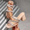 Elegant nude square toe sandals with shimmering rhinestone straps and a sturdy block heel. - Apricot Square Toe
