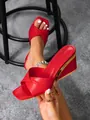 Elegant red high heel wedge sandals featuring square toe and twisted strap design. - 38 / Matte Red