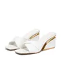 Elegant white wedge high heel sandals featuring gold trim and a modern square toe design - 38 / White Matte