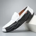 Men's breathable leather loafers with stylish black and white crocodile pattern design - 38 / Black and White