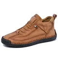Brown men's mid-top leather casual boots featuring a slip-on outdoor work style design. - 38 / Khaki