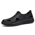 Zwarte ademende leren herensandalen met handgestikte details voor de zomer - 38 / Zwart