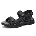 Premium black genuine leather men's outdoor beach sandals with adjustable velcro straps - 38 / Black