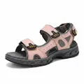 Pink leather outdoor sports sandals with adjustable straps and thick rubber soles. - Pink