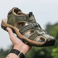 Men's outdoor sports sandals with bungee lace and protective toe cap in army green. - Army Green