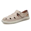 Breathable hollow-out men's casual leather sandals in beige with adjustable strap. - 40 / Closed Toe Style (92537) / Sand
