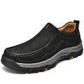 Men's black top layer cowhide leather loafers with durable thick soles for outdoors. - 38 / Black Slip-on Style