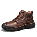 Men's brown leather high-top casual work boots with non-slip durable rubber soles - 38 / Dark Brown