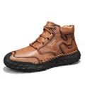 Durable brown leather high-top work boots for men featuring non-slip rubber soles - 38 / Light Brown