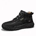 Black high-top leather work boots for men with non-slip sole and lace-up design - 38 / Black