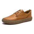 Brown men's genuine leather casual shoes with low-top lace-up design and textured sole - 38 / Light Brown