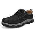 Durable black outdoor men's casual leather shoes with rugged grey sole and tan interior - 40 / Lace-up Style / Black