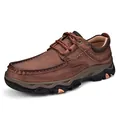 Durable brown leather outdoor casual shoes for men, variant style with lug sole - 40 / Lace-up Style / Tan