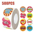 Detailed view showing a roll of 500 reward stickers and eight colorful designs - 500 Pieces/Pack (2.5cm)