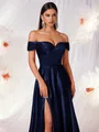 Elegant navy blue matte satin off-shoulder evening gown featuring a stylish high leg slit - XS / Dresses / Navy Blue